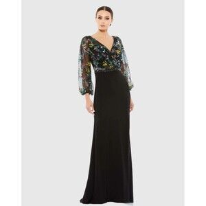 New with tag MAC DUGGAL Black Embroidered Illusion Puff Sleeve Gown #79379 sz 10